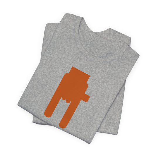 Heather gray folded T-shirt with orange upside-down horns emblem graphic