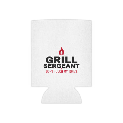 White can koozie with Grill Sergeant logo and red "DON'T TOUCH MY TONGS" text