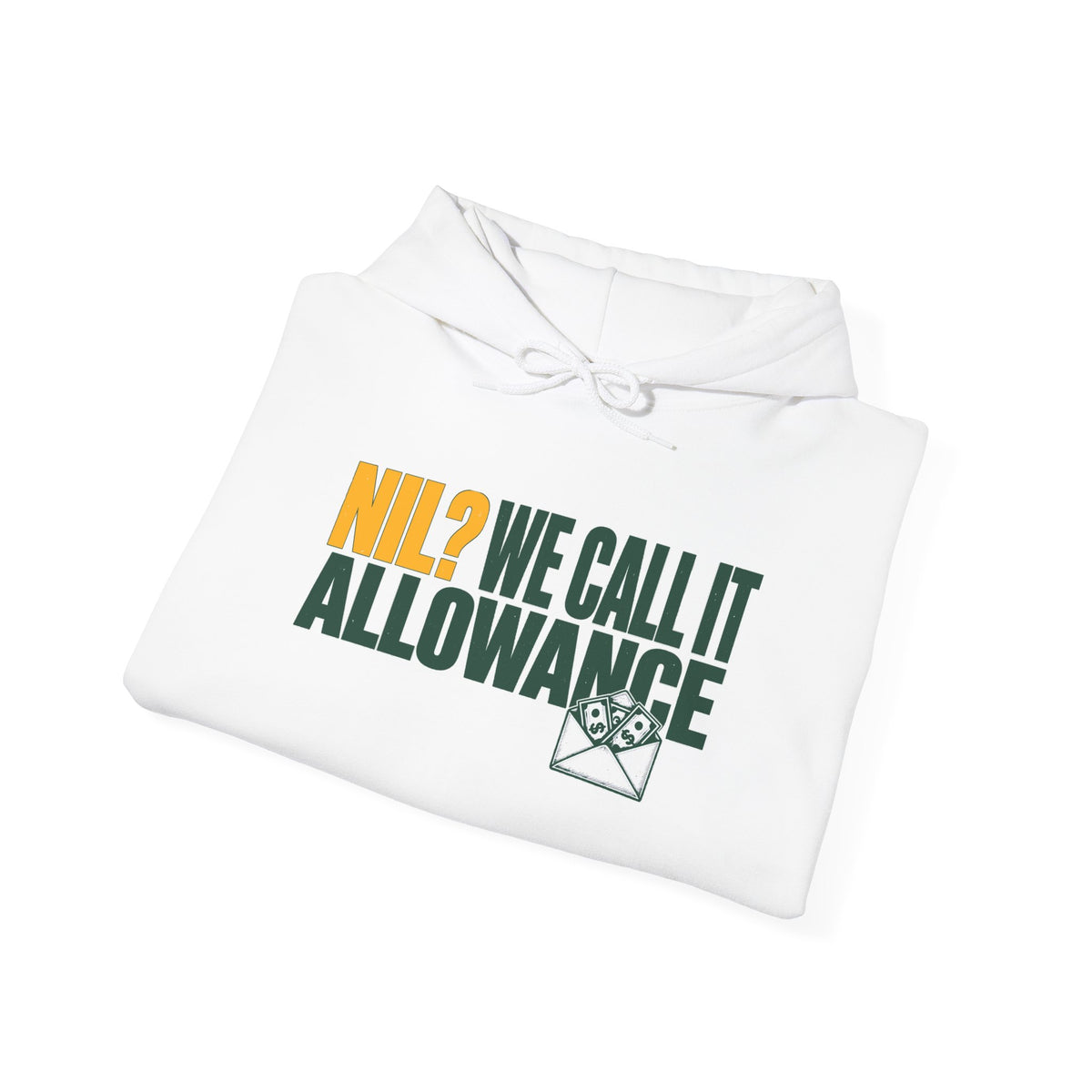 White pullover hoodie with large front graphic print and hood drawstring