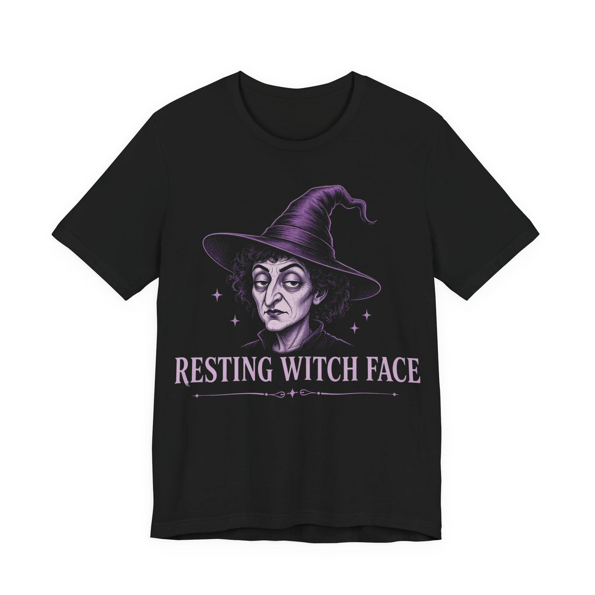 Black crewneck T-shirt with purple witch face graphic and “Resting Witch Face” text