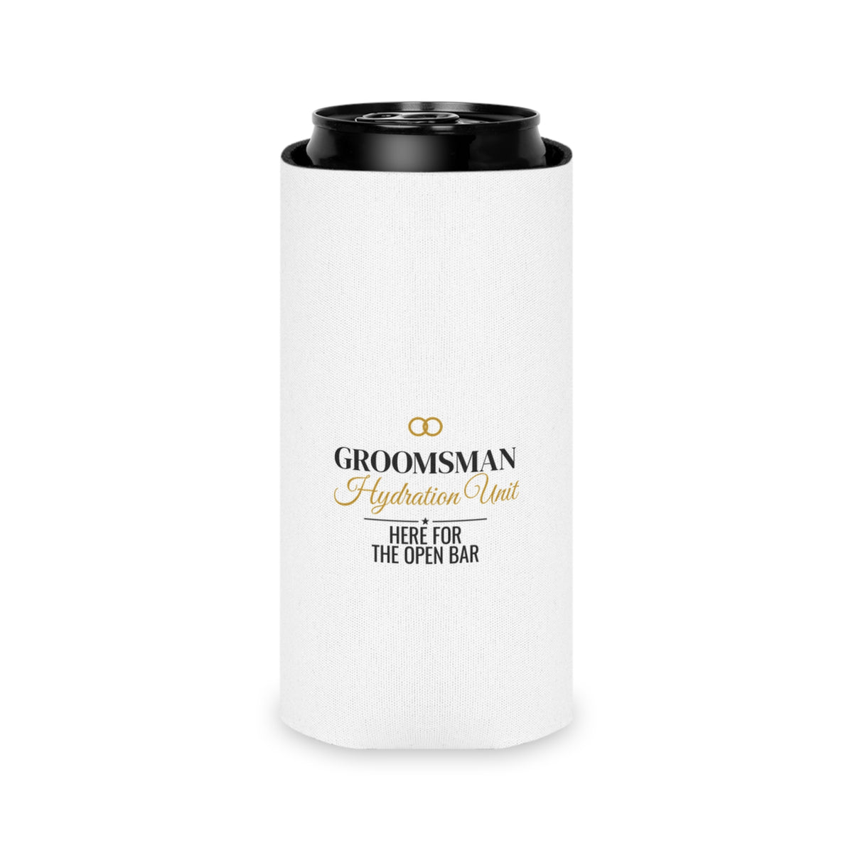 White can cooler sleeve with black rim opening and gold “Groomsman Hydration Unit”