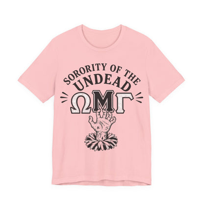 Pink crewneck tee with Sorority of the Undead graphic front print