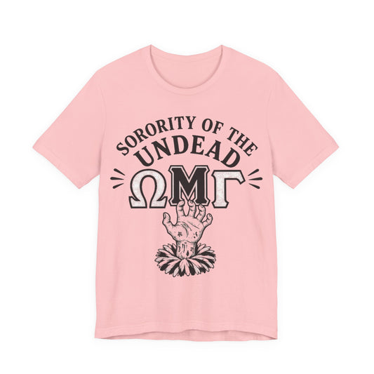 Pink crewneck tee with Sorority of the Undead graphic front print
