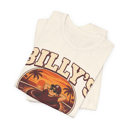 Natural crewneck graphic tee, 'BILLY'S CESSPOOL' print on folded front
