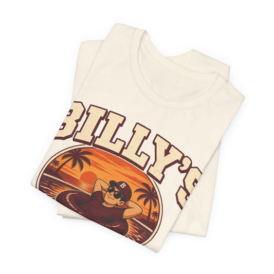 Natural crewneck graphic tee, 'BILLY'S CESSPOOL' print on folded front