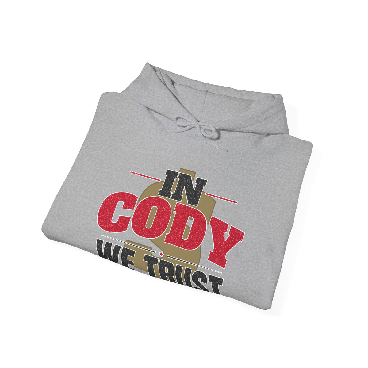 Sport grey folded pullover hoodie with drawstring hood and Cody We Trust chest graphic