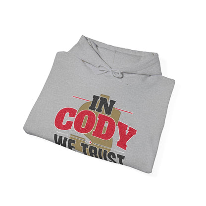 Sport grey folded pullover hoodie with drawstring hood and Cody We Trust chest graphic