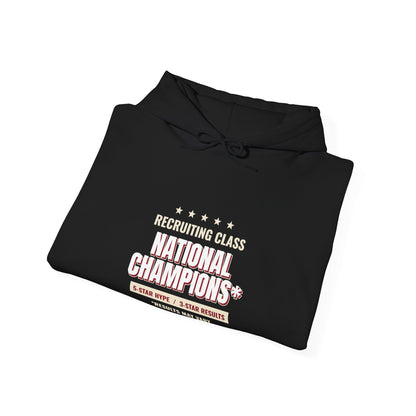 Black hoodie laid flat with hood and National Champions logo on chest
