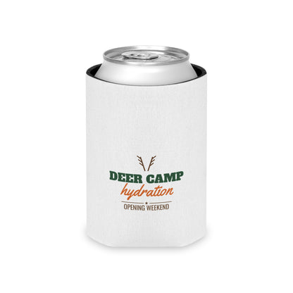 White hydration koozie with deer camp hydration logo and opening weekend text