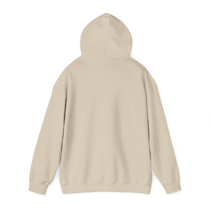 Beige pullover hoodie, rear view, with hood and long sleeves.