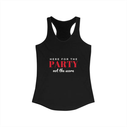 Black racerback tank with scoop neckline and front graphic text