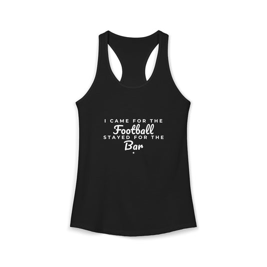 Black racerback tank with cutout back and Football Bar text graphic