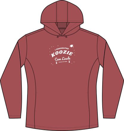 Women's deep red heather pullover hoodie with front 'Koozie' 'Cum Laude' graphic