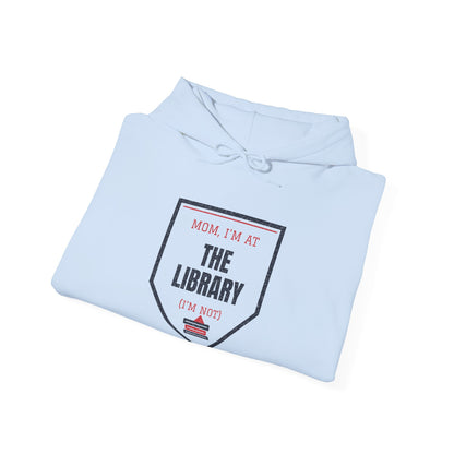 Light blue hoodie folded with 'Mom, I'm at the Library' graphic print