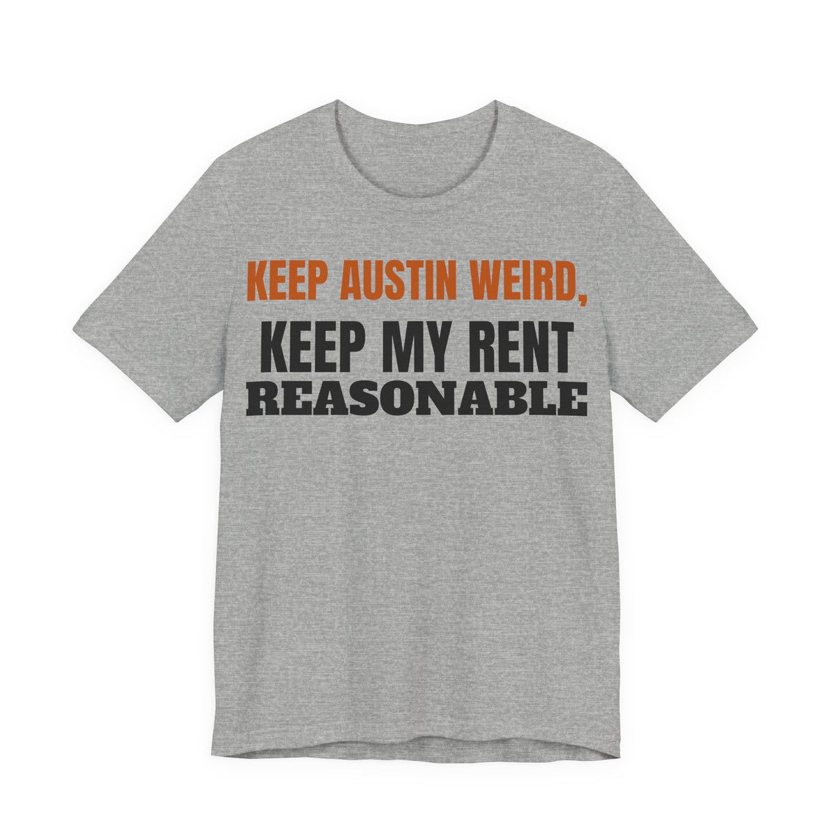 Heather gray crewneck graphic tee, front view, orange and black slogan print