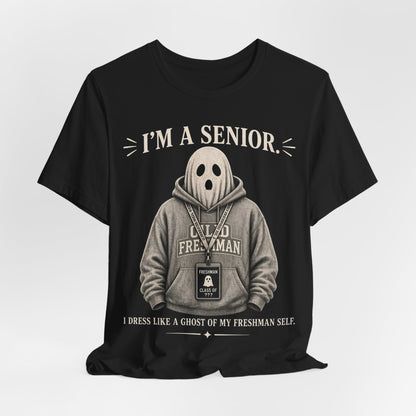 Black crewneck T-shirt with centered ghost-in-hoodie graphic and 'I'm a Senior'
