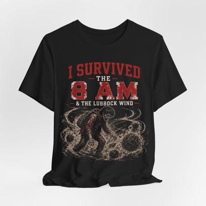 Black graphic wind tee with distressed 'I SURVIVED THE 8AM' red print and animal graphic