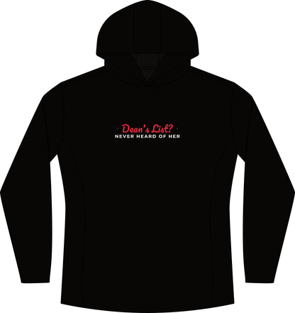 Black heather women's pullover hoodie with hood, drawstring, kangaroo pocket, front graphic