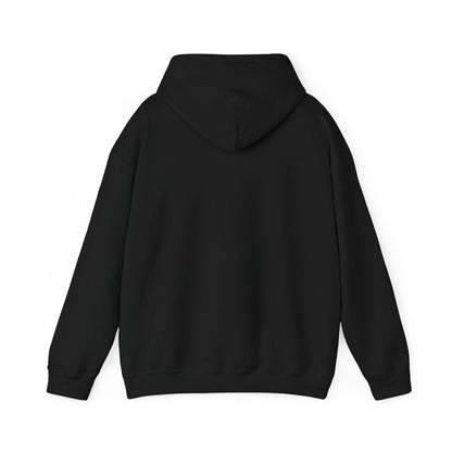 Black pullover hoodie with hood and front pocket, back view
