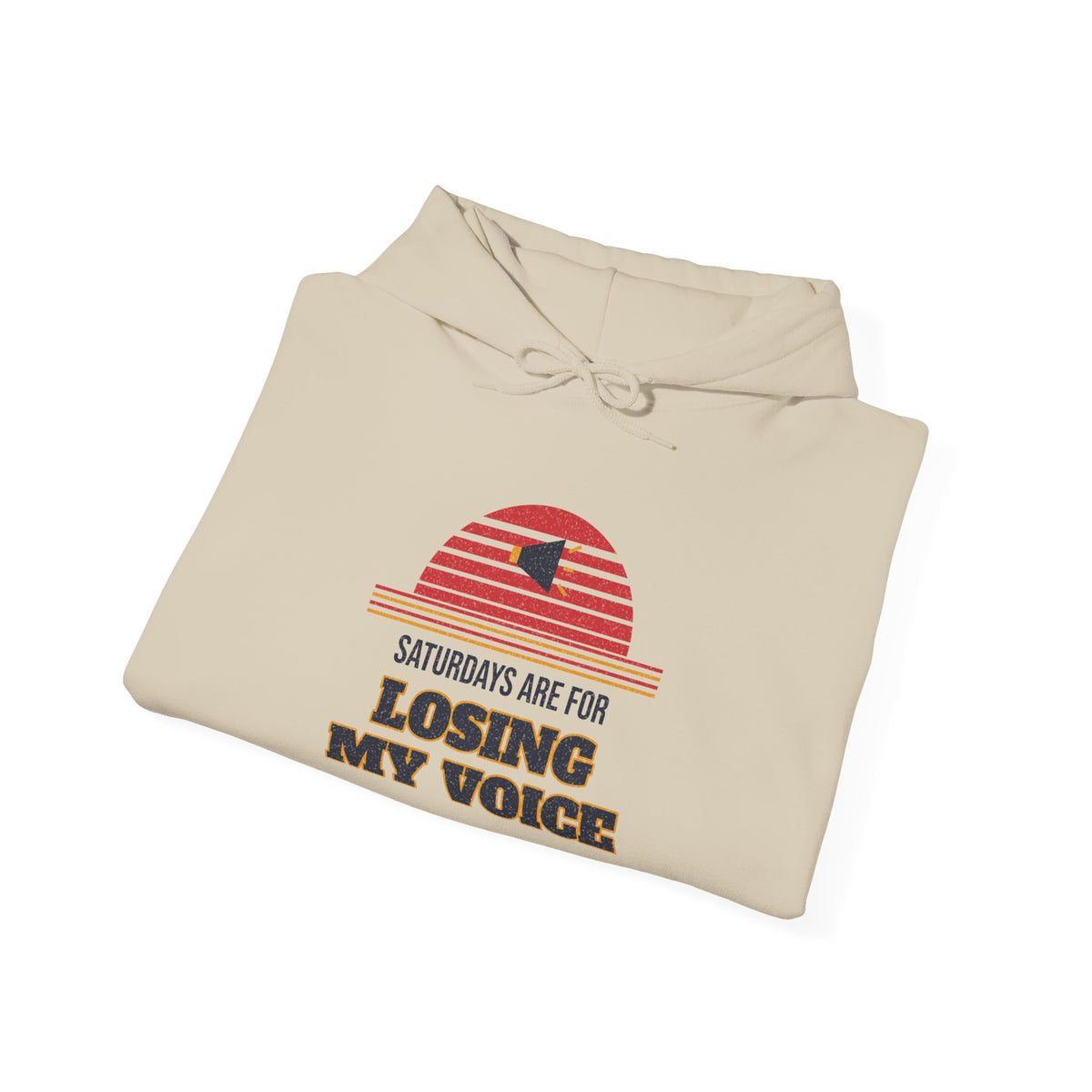 Sand pullover hoodie with red and yellow graphic front and drawstring hood