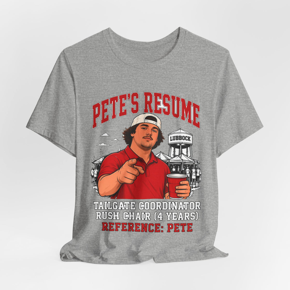 Heather gray crew neck graphic T-shirt with centered red text and illustrated character