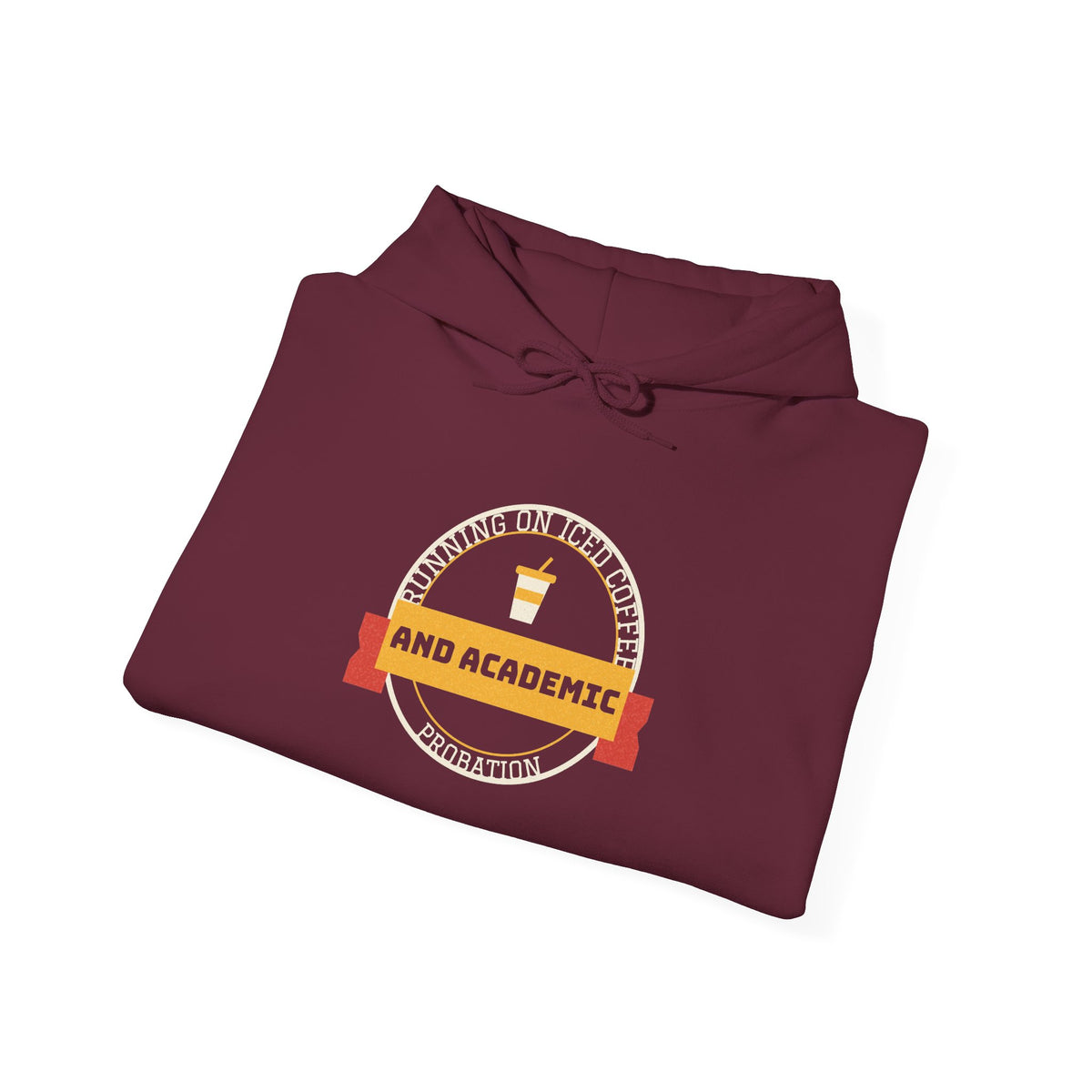 Maroon pullover hoodie with printed college emblem on front