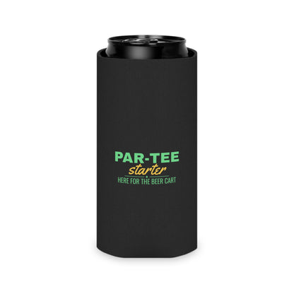 Black can cooler koozie on a can, PAR-TEE Starter logo with beer cart slogan