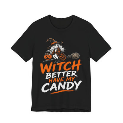 Black crewneck graphic tee with witch and orange Halloween-style lettering