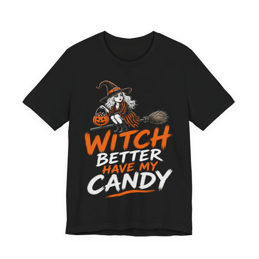 Black crewneck graphic tee with witch and orange Halloween-style lettering
