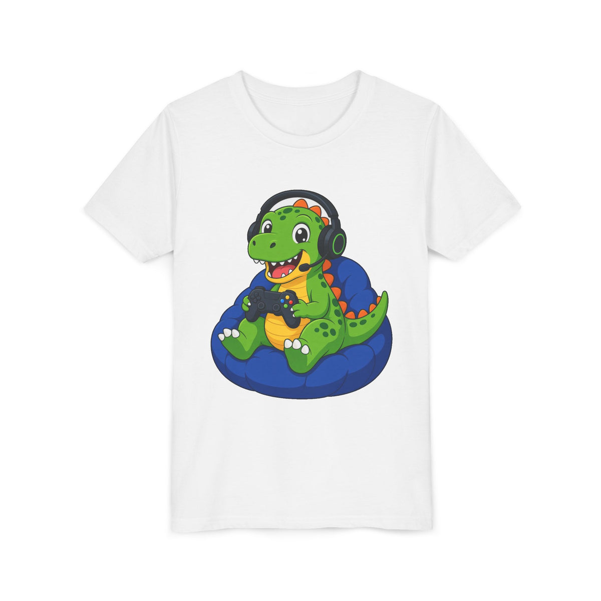 White kids t-shirt with green dinosaur gamer graphic