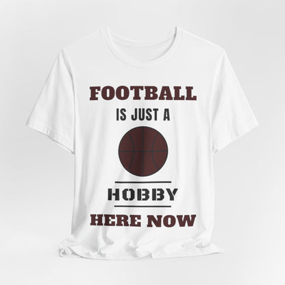 White crewneck tee with football text and basketball graphic