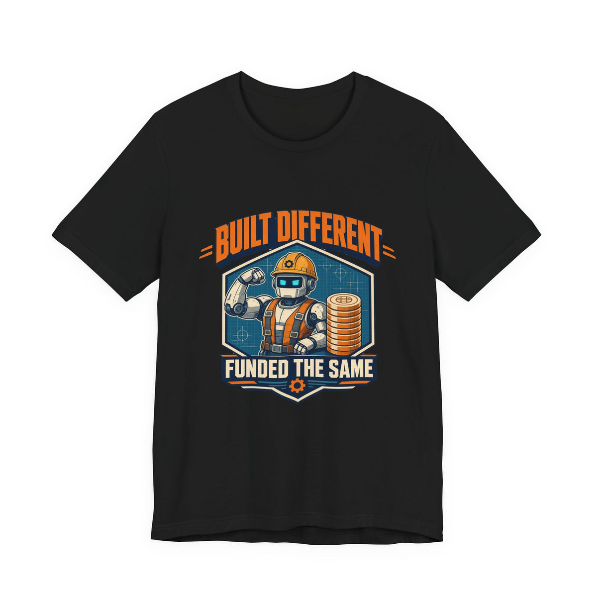 Black graphic T-shirt with astronaut design, orange and blue chest text logo
