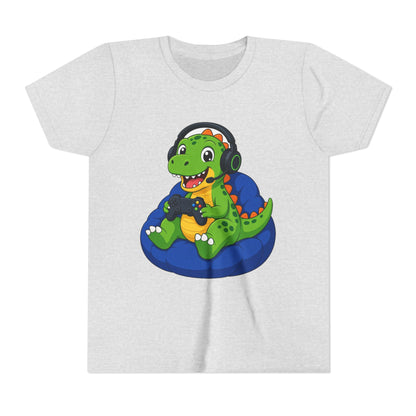 Gray kids t-shirt with green dinosaur gamer graphic