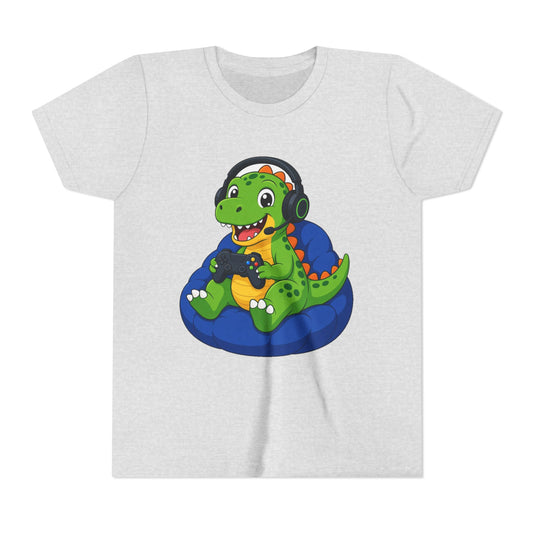 Gray kids t-shirt with green dinosaur gamer graphic