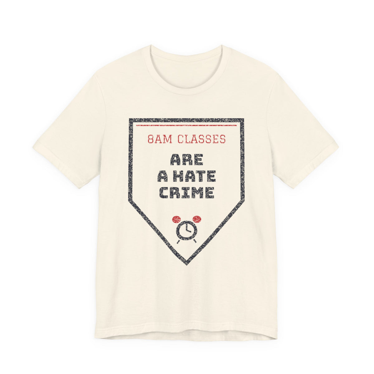 Natural/cream graphic T-shirt with '8AM CLASSES' and hate crime emblem