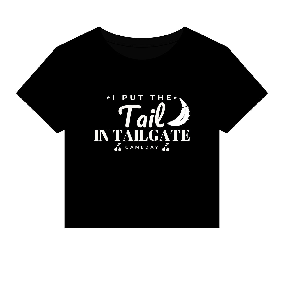 Black crop top T-shirt with 'Tail in Tailgate' graphic