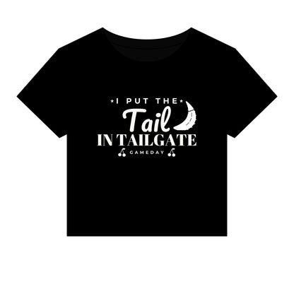Black crop top T-shirt with 'Tail in Tailgate' graphic