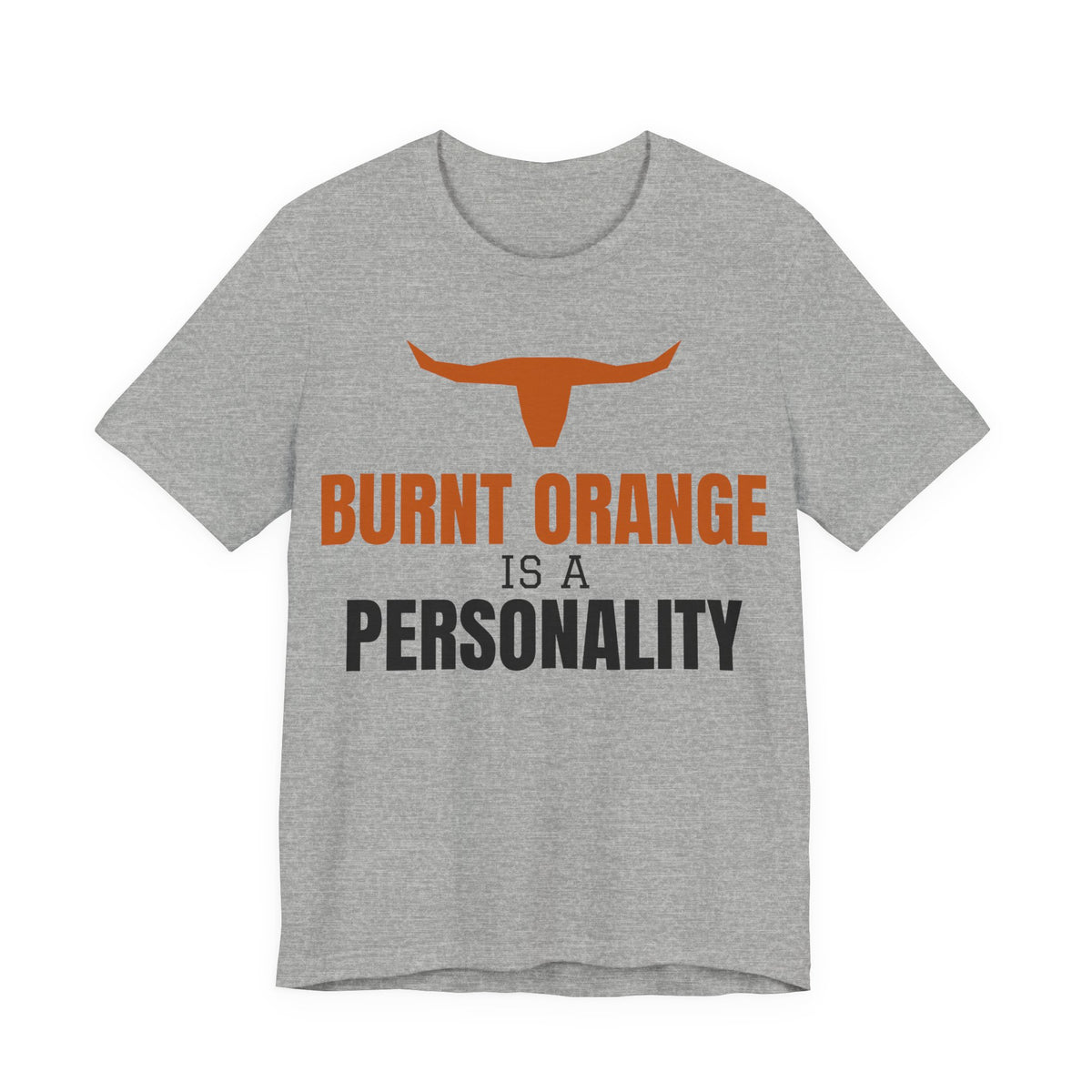 Heather gray crewneck tee with burnt orange longhorn and text graphic