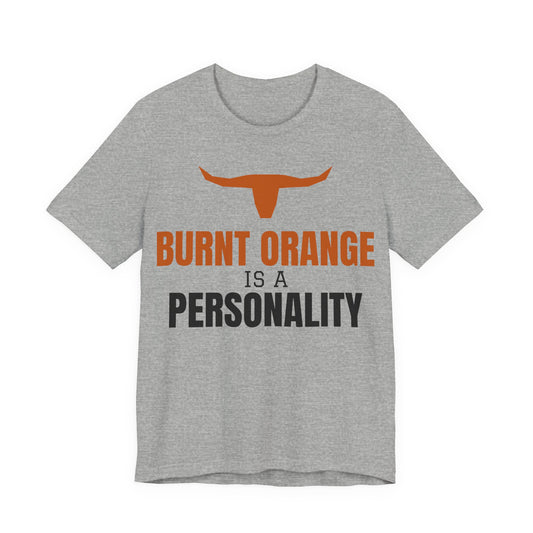 Heather gray crewneck tee with burnt orange longhorn and text graphic
