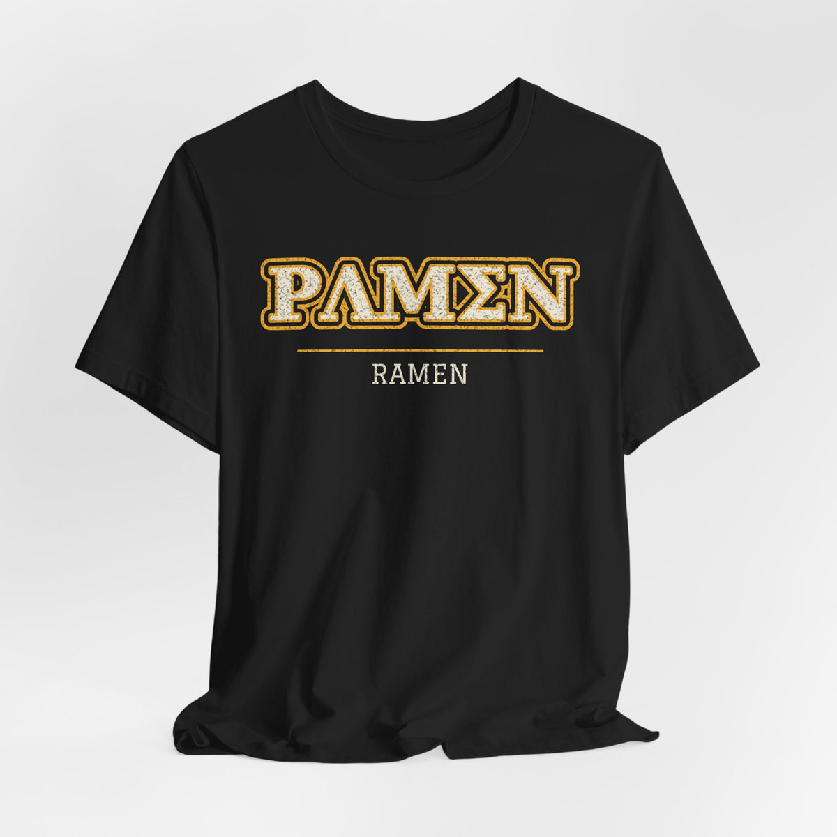Black T-shirt with RAMEN Greek-style lettering graphic