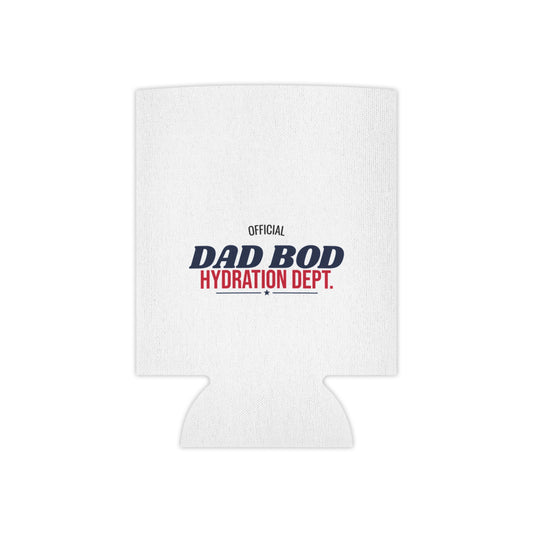 White can cooler koozie with 'Official Dad Bod Hydration Dept.' text front