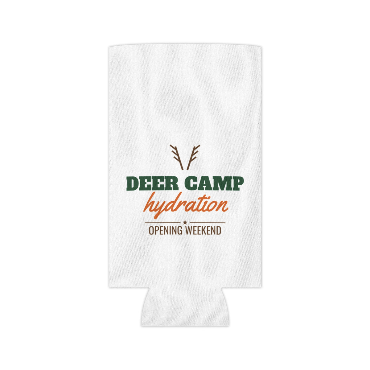 White hydration koozie with deer camp hydration logo centered on the front