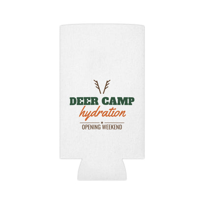 White hydration koozie with deer camp hydration logo centered on the front