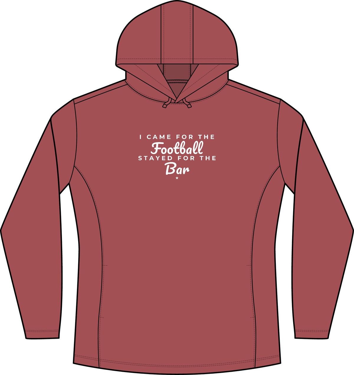 Women's deep red heather hoodie with front hood and football-to-bar graphic