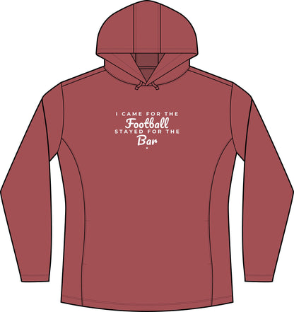 Women's deep red heather hoodie with front hood and football-to-bar graphic