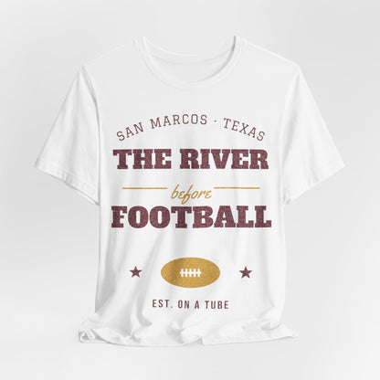 White football graphic T-shirt with maroon 'EST. ON A TUBE' and star accents