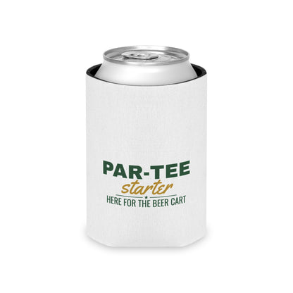 White can cooler koozie holding a silver-top can; PAR-TEE starter logo on front
