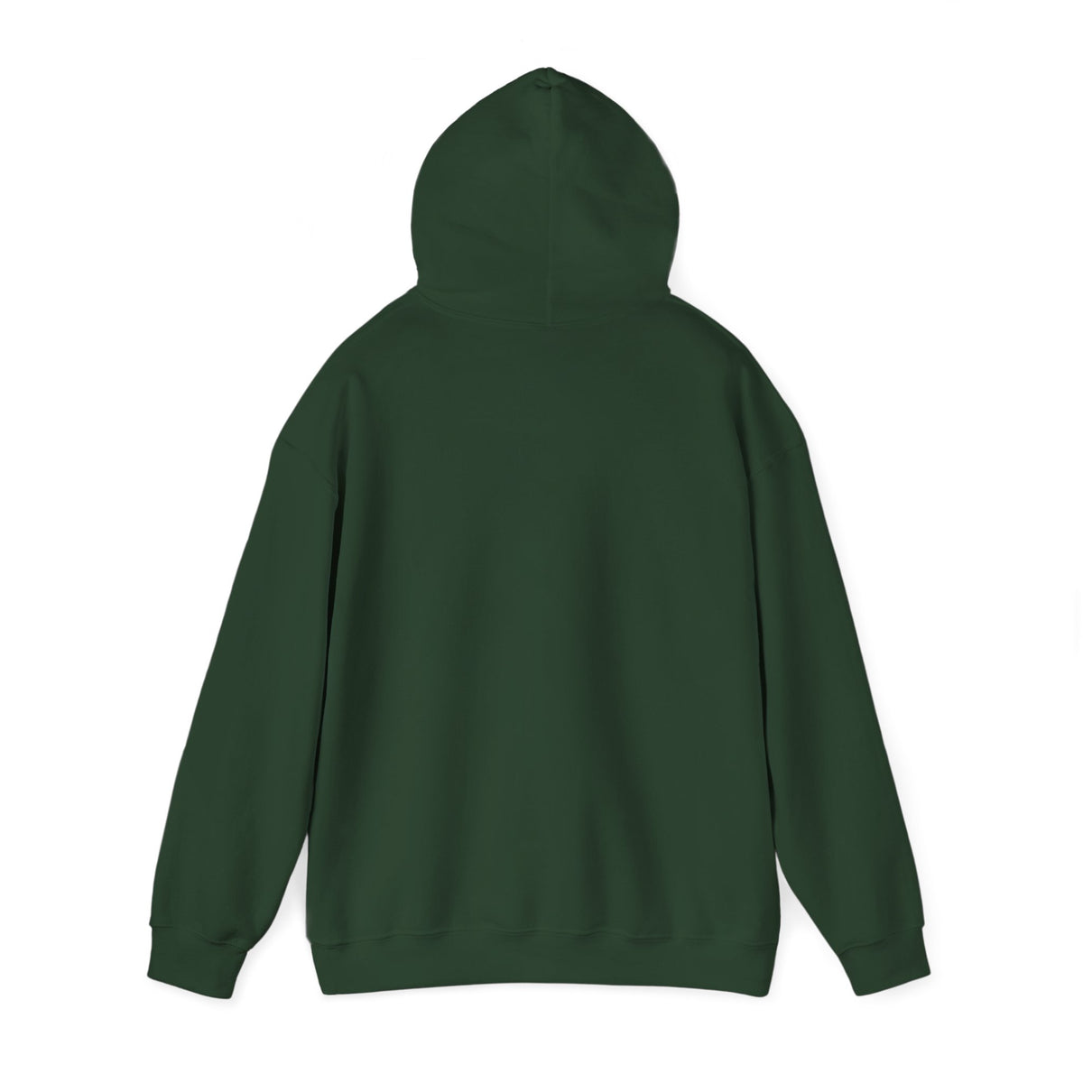 Forest green pullover hoodie with hood and long sleeves, back view