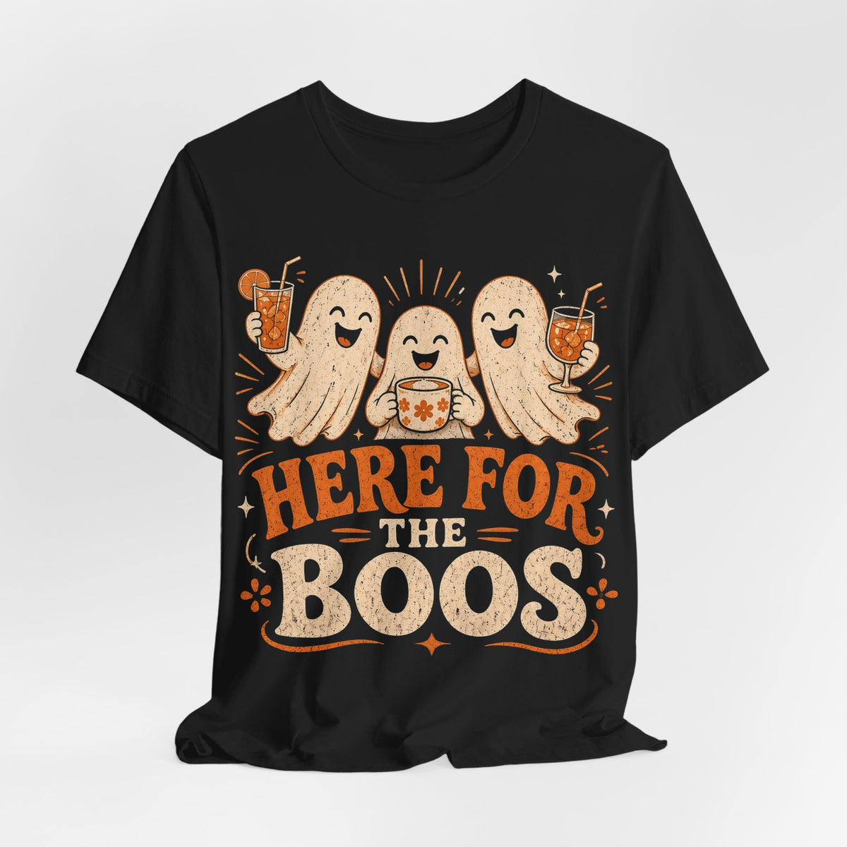 Black crewneck T-shirt with front "Here for the Boos" text and smiling ghost faces
