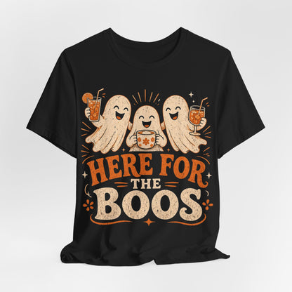 Black crewneck T-shirt with front "Here for the Boos" text and smiling ghost faces